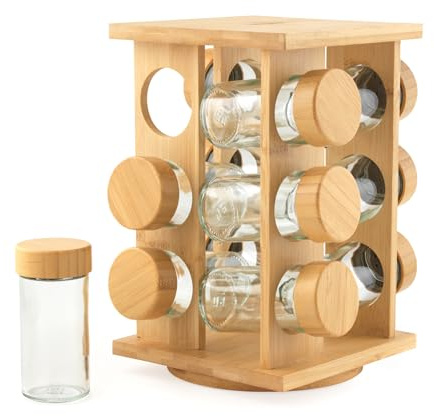 Salter Drehbares Gewürzregal – 12 Nachfüllbare Glasgefäße mit Etiketten, FSC-zertifizierter Bambus, Schraubdeckel für Frische, Einfach zugängliche Drehbasis, Kompaktes Design