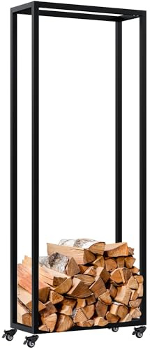 CLP Portalegna da Interno in Metallo con Ruote Hilta, scaffale in Metallo Robusto, stoccaggio Legna da ardere in Salotto Colore Nero Dimensione 25x60x150 cm