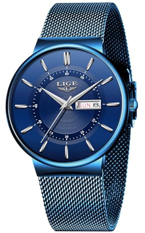 LIGE Uhr Herren Wasserdicht Edelstahl Vintage Analog Armbanduhren Business Quarz Schwarz Edelstahlband Herrenuhr Datumsanzeige Klassisch Einfach Watches for Men - Geschenk für Männer,Alle Blau