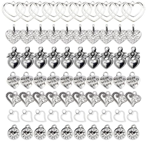 JYNXOR 70 Stück Mini Herz Anhänger Made with Love - Antike Handmade Knöpfe Metall Label Charm - für DIY Handwerk Schmuck Herstellung Zubehör - Silber