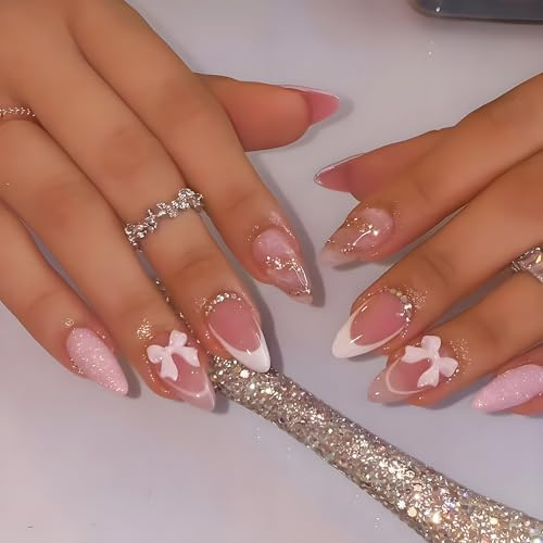 Aribliseza ongles autocollants, 24 pièces French Tip Press On Nails & Faux ongles roses moyens, Design 3D avec nœud et diamant, Faux ongles brillants réutilisables pour femmes