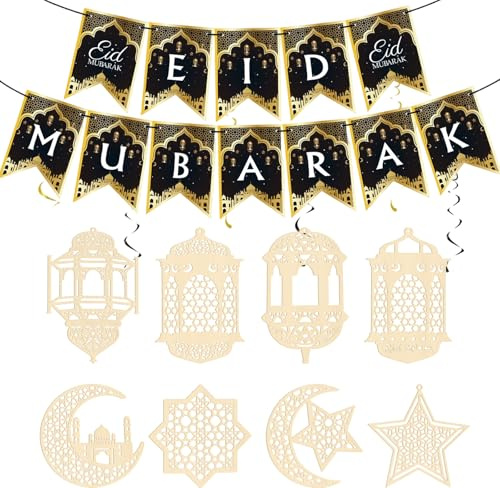 9 Stück Ramadan Deko Set, Mond Stern Holz Anhänger, Eid Mubarak Girlande Banner, Eid Mubarak Dekoration Festliche Islamische Deko, Feierliches Zuhause Wand Fenster Dekoration