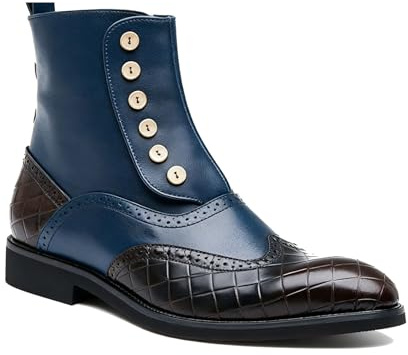Generico Uomo Punta Tonda Brogue Stivali Corti Pelle PU Stivaletti Chelsea con Bottone Tacco Basso Scarpe da Lavoro per Ufficio,Blu,38.5 EU
