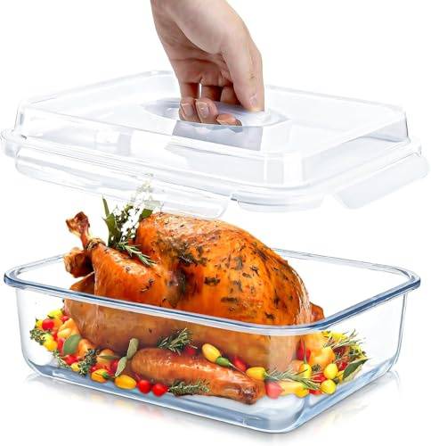 MALLOOM Grand récipient en verre avec couvercle, récipient alimentaire en verre extra large pour poulet rôti/dinde et repas partagés, grand bol XL pour congélateur avec fermeture hermétique, 4800 ml