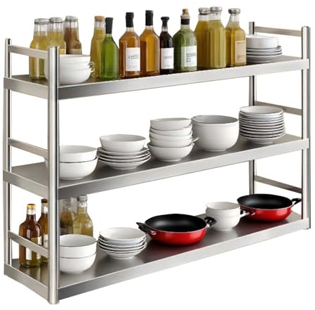 Whnoorher Estantería de Almacenamiento Multiusos montada en la Pared, Estante Industrial de Acero Inoxidable de 3 Niveles para Cocina, Olla, Cacerola, microondas, Plato(150x35x75cm)