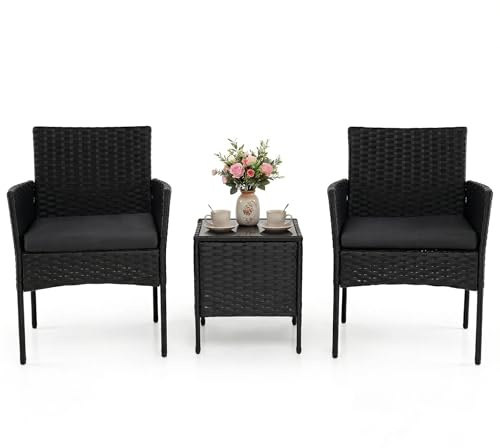 GIANTEX Salon de Jardin Exterieur en Rotin 3 Pièces, 2 Fauteuils avec Coussins Rembourrés Amovibles, Table Basse avec Plateau en Verre Trempé, Mobilier d'Extérieur pour Balcon, Cour, Terrasse (Noir)