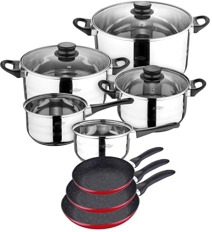San Ignacio batería de Cocina 8 Piezas y Juego de sartenes en Rojo, Cromado