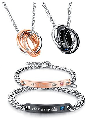 INSEA Mens Womens Stainless Steel His Queen and Her King Couples Chain Bracelet Valentine's Gift (2Pair Set/of Rose Gold & Black)