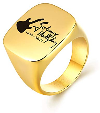 AFSTALR Johnny Hallyday Bague Chevalière Homme Acier Inoxydable Anneau Bague Sceau avec Signature Johnny Le Boss Rock (Or-JH13, 69)
