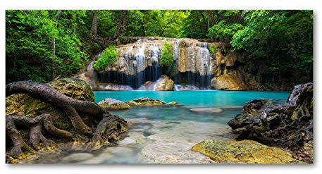 Tulup Glas-Bild Wandbild aus Glas - Wandkunst - Wandbild hinter gehärtetem Sicherheitsglas - Dekorative Wand für Küche & Wohnzimmer 140x70 - Landschaften - Wasserfall im Wald - Mehrfarbig