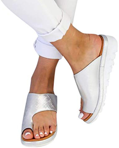 Sandales Plates Femmes Confortables Orthopedique Chaussures Plateforme - 2020 Newest Été Plates Toe T-Sangle Comfy Semi Trailer Sandales Chaussures de Plage (Style D, 38)