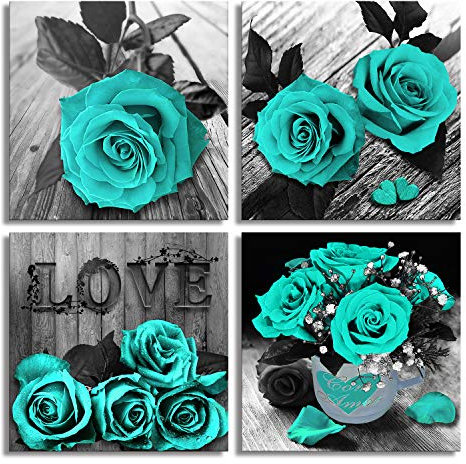 AMCART Blaugrüne Rosenblumen, Leinwanddruck, schwarz-weiß, Wandkunst, türkis, Blumenbilder für Zuhause, Schlafzimmer, Badezimmer, Dekoration