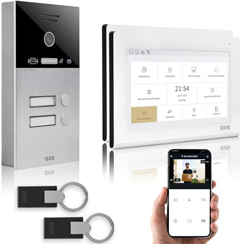 GVS - IP Video Türsprechanlage 2-Familienhaus mit Türöffner (RFID), HD Kamera, 2x7 Zoll Monitor & App - Smarte Video Türklingel mit Kamera & Gegensprechanlage (AVS4457A)