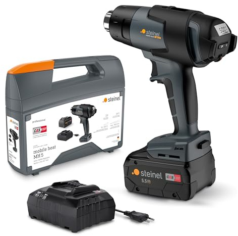 Steinel Pistolet à air chaud sans fil mobile heat MH5 avec batterie 5,5 Ah et chargeur, décapeur thermique professionnel 18 V en mallette, 500 °C - 300 l/min