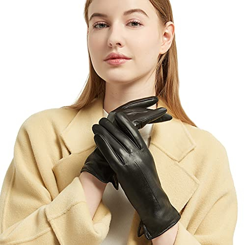 NOVBJECT Lederhandschuhe Winter Damen Touchscreen Lammfell Elegant Kaschmir Gefüttert Warm Outdoor Fahrhandschuhe