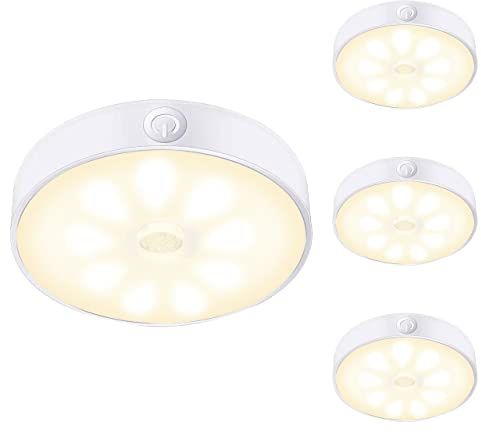 LAVAED Confezione da 4 luci a disco con sensore di movimento per interni a LED, per armadio, ricaricabile tramite USB, luce notturna da 9 LED, camera da letto, cucina (bianco caldo)