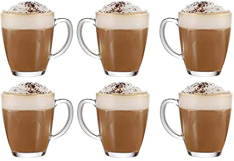 TOPUPDRINK Latte Glasses, Coffee Mugs Set of 6, Hot Chocolate Mugs, Latte Glasses Dolce Gusto, Tea Cup Sets of 6, Glass Coffee Cups, Cappuccino Cups Set - 350ML