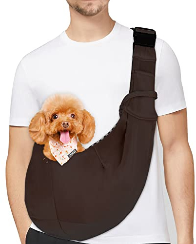 PETLOFT Vändbar Hundar Katt Sling Husdjur Bärkasse, Små Hundar Sling, Justerbar Hundbärare, Handsfree Cross Body Bärare med Halsbandskrok för Hund/Katt/Kanin upp till 11 Pund (Marrone)