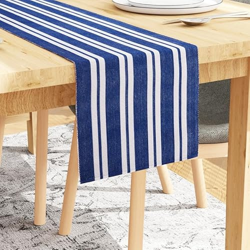 Encasa XO Runner da Tavola | Cotone a Coste Sottili Tinto in Filato | Dimensioni 32x250 cm | Franca Strisce Blu | Lavabile in Lavatrice