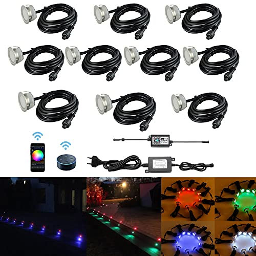 CHNXU 10er Set LED Boden Einbaustrahler RGB WiFi Ø40mm Treppenleuchten, IP67 Wasserdicht LED Terrasse Licht Aussen Kompatibel mit Amazon Alexa, Google Home, App Steuerbar Bodeneinbauleuchten