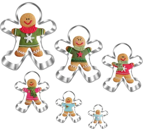 Set di formine per biscotti a forma di omino di pan di zenzero, 11,4 cm, 8,9 cm, 7,1 cm, 5,3 cm, 4,1 - 2,3 cm, 6 pezzi, per biscotti natalizi
