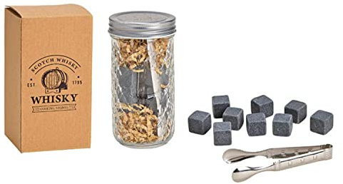 CmD Whisky-Stein Set, 9 STK. Eiswürfel aus Basalt-Stein 2x2x2cm in Basalt Grau, incl. Eiswürfel Zange 12cm, Set im stylischen Glas 6x13x6cm. Neidfaktor Inclusive