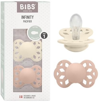 BIBS Infinity Schnuller, 0-6 Monate, 2er-Pack, Ivory/Blush | Symmetrischer Sauger | Silikon | Größe 1 | BPA-frei | Hergestellt in Dänemark | Hohe Akzeptanz | Luftlöcher | Komfortschild
