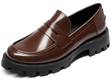 DREAM PAIRS Mocassins compensés pour femme avec semelle à crampons et à enfiler - Chaussures décontractées pour le travail et le travail, Marron, 7