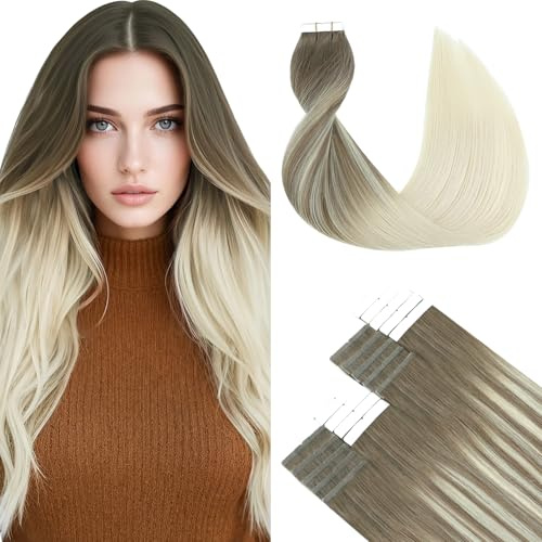 SURNEL 50cm Tape Extensions Echthaar #8/60 Balayage Braun Ombre Blonde Tape in Echthaar 50garmm 20pcs(#8T60-50cm)