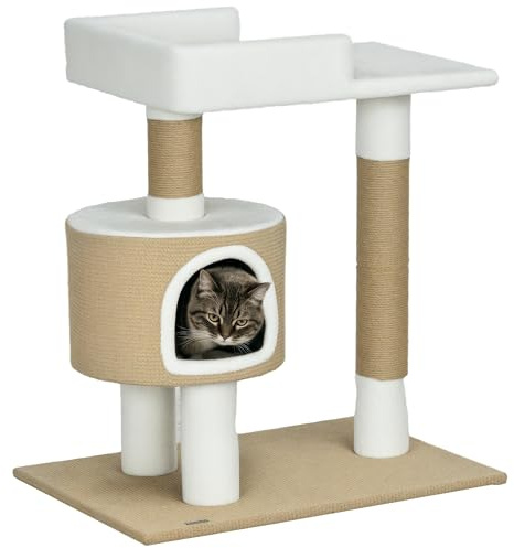 PawHut Kratzbaum 79 cm Kleiner Katzenbaum für Katzen bis 8 kg Braun/Weiß | mit Katzenhöhle, Katzenkratzbaum mit Liegefläche, Jute-Kletterbaum, Katzenmöbel, Kaschmir-Imitat