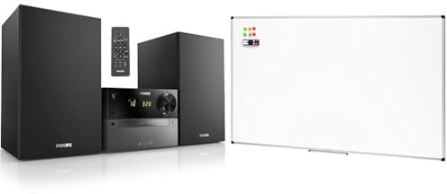 Philips M4505/12 Mini Stereoanlage mit Bluetooth & Amazon Basics Magnetisches Whiteboard mit Stiftablage und Aluminiumleisten, trocken abwischbar, 90 x 60 cm (B x H), Weiß