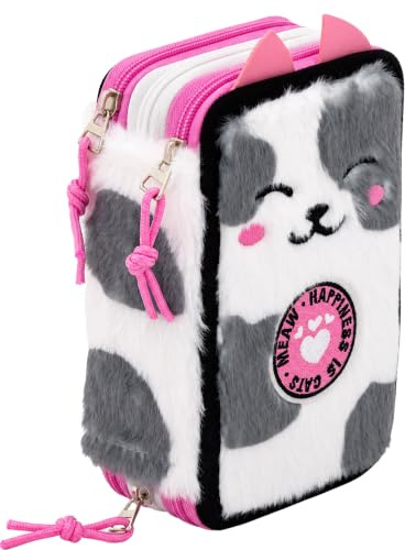 Julian Ross 3-Fach Federmäppchen Mädchen Gefüllt - 46 Teile Schulmäppchen Set Katze Plüsch - Federtasche mit 3 radierbaren Stiften, Filzstiften, Buntstiften, Kleber, Textmarker