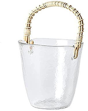 Eiskübel aus Glas, Eiseimer, Eiskübel aus Glas für Wein, Bier, Champagner, Kühler, Mini-Eiskübel mit Rattangriff, Haushalts-Rotwein, Champagner-Kübel, Weinutensilien, vereister, verdickter Eiskübel