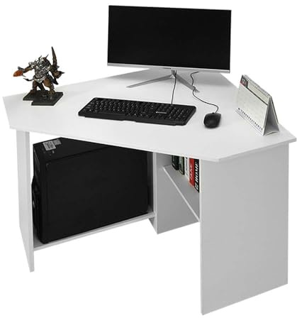 Panana Modern Corner Computer Desk Study Writing Table PC Laptop Desk Home Office Desk with Shelves Storage, for Small Space Workstation, 90 x 90 x 72.5cm (White)