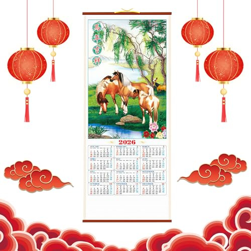 Chinese New Year Calendar Scroll 2026 Year of Horse Wall Calendars 馬年吉祥 Chinese Lunar Calendar Zodiac Animals Monthly Hanging Calendars Home Decor for Daily Weekly Planner Scheduler Home Office