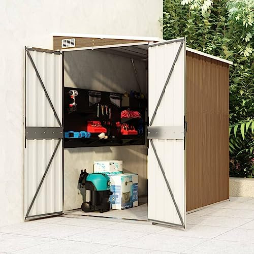 Brokky Capanno Giardino a Parete Marrone 118x194x178cm Acciaio Zincato-Casetta da Giardino per Attrezzi,Capanno in Lamiera d'Acciaio con Tetto Inclinato,Ripostiglio per Attrezzi con Porte Scorrevoli p