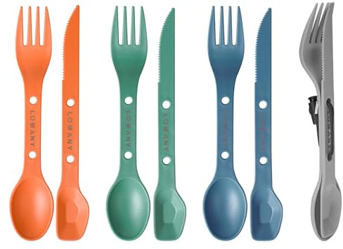 Loyzcy Reusable 4-in-2 Combo Camping Utensil Set, 4 Sets Spoon-Fork-Knife Travel Utensils, Portable Plastic Cutlery Backpacking Gear for Lunch Hiking Outdoor Survival (Green, Orange, Blue, Grey)