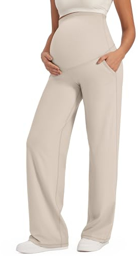 G4Free Pantaloni premaman sopra la pancia, per yoga, lavoro, gravidanza, elasticizzati, a gamba larga, con tasche, Khaki chiaro , XL
