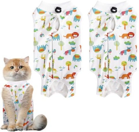 GOZINA 2 Pack Cat Surgery Recovery Suit, Baby Cotton Cat Recovery Suit, Breathable Surgical Recovery Suit, Anti-licking Onesie Post Surgery, Adjustable Kitten Clothes (M, Little Lion)