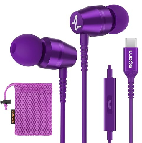 Ludos OMNITONE Auriculares USB C con Micrófono, Garantía de 5 años, Auriculares Tipo C con Cable para iPhone 16 15 Pro MAX Plus Samsung Galaxy S24 S23 S22 Ultra S21 FE S20 A53 A54, iPad Pro - Violeta