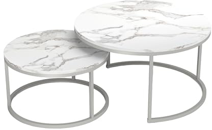 Soayone Tavolino da Salotto set di 2 pezzi, Tavolini da Salotto effetto marmo, Tavolo Rotondo con cornice in argento, Coffee Table, Tavolino Salotto Moderno