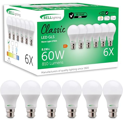 BELL Lighting B22 Bayonet Dimmable LED GLS Bulbs Warm White 8.1W 6 Pack | Dimmable B22 bayonet LED GLS bulbs with 2700K warm white light, 810lm brightness and 60W equivalent output for lamps.