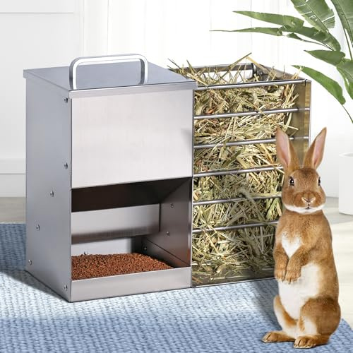 MOGOULUA Estante de heno de acero inoxidable 2 en 1 - Dispensador de comida para conejos - Con arena para gatos - Botella de agua - Cuencos de alimentación para hámsters - Dispensador de comida para