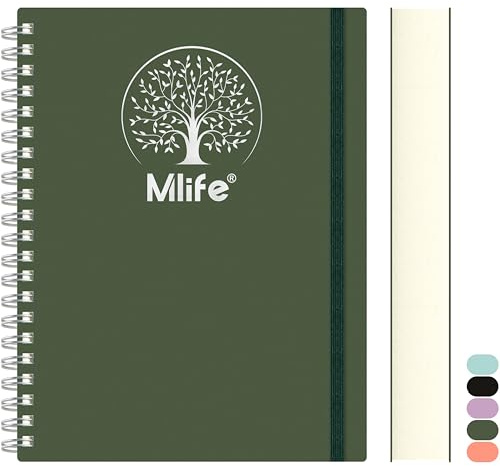 Mlife Notizbuch A4 Liniert, 300Seiten Spiralnotizbuch,PVC-Hardcover mit Lebensbaum-Aufdruck,100g/M² Tintenfestes Papier,Erweiterbare Taschen,Elastische Bänd,für Frauen, Männer,21 * 28cm -Dunkelgrün