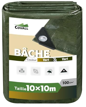 Covall Tarpaulin Waterproof Tarp Medium-Duty Groundsheet Sheet Cover 10x10m with eyelets 100g/m² Green Weatherproof Windproof UV-Resistant Tent Pool Roof Sandbox Boats Truck RV Car tarp