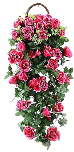 ]Artificial Rose Flowers Basket, 95CM Vine Fake Hanging Basket Plant Vine Fake Silk Trailing Flower for Garden Balcony Fence Outdoor Wedding Indoor Door Decoration (Hot Pink)