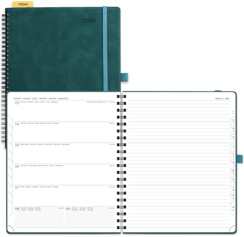 POPRUN Kalender 2026 Buchkalender Ringbuch mit Softcover, ca. A4 (26,5 x 21,5 cm) - Terminplaner, Wochenplaner Notizbuch (Jan.2026-Dez.2026) mit 100 GSM Papier - Petrolgrün