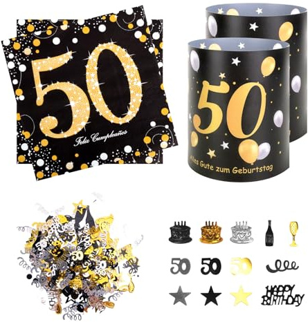 50 Geburtstag Deko, 20 Stück Servietten + 12 Stück Windlicht Tischdeko + 100 Stück Konfetti, Deko 50. Geburtstag Mann Frau Schwarz Gold