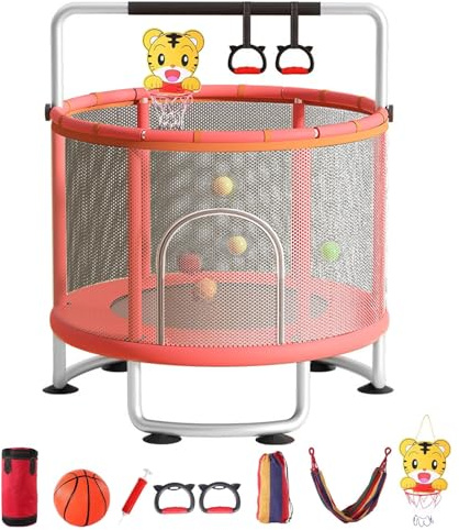 yoakaiax Trampoline pour enfants de 1,5 m, trampolines réglables avec panier de basket-ball, balançoire, sac de sable, boules océaniques, 200 kg, trampolines d'intérieur et d'extérieur pour bébé avec