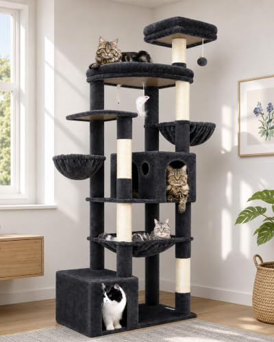 Globlazer S76B Kratzbaum 193 cm mit Mehrere Loungebereich für Große Katzen | Katzenbaum Groß XXL mit 2 Katzenhaus Extragroße Plattform Hängematte Einfacher Aufbau für Katzen Innen Sitzen Liegen Schlafen